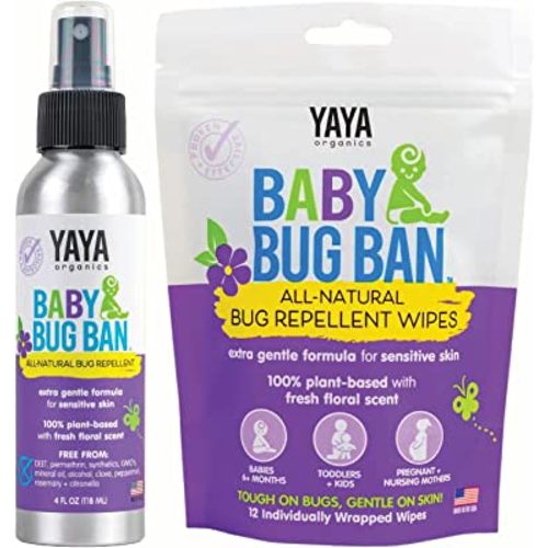 YAYA ORGANICS Baby Bug Ban Spray + Wipe Bundle - All-Natural Repellent Made with Essential Oils for Babies, Little Kids and Sensitive Skin (4 Ounce Spray + 12-Pack Wipe)