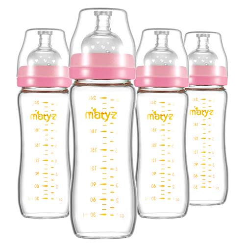 Matyz Glass Breastmilk Baby Feeding Bottle with Nipple, 4 Pack, 8 oz Slim and Light Bottle Easy to Hold, Food Grade Borosilicate Glass, Wide Neck Easy to Clean, No BPA (Pink Lids)