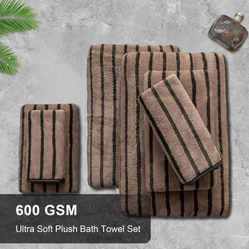 Jessy Home 8 Pcs Dark Brown Bicolor bar Stripe Large Bath Towels Set 2 Oversized Bathroom Towels, 2 Hand Towels, 4 Washcloths