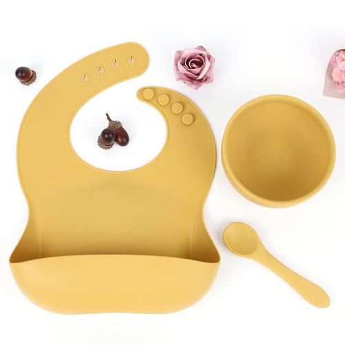 Set of Silicone Solid Feeding Kit with Bib, Round Suction Bowl and Spoon BPA Free (Mustard Yellow)