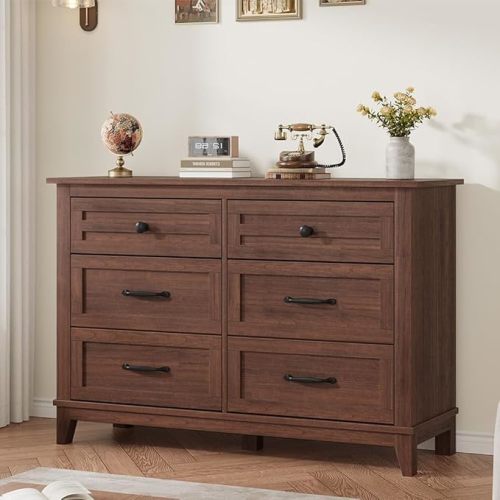 GarveeHome 6 Dresser for Bedroom, 47 in Wide Drawer Dresser with Storage Freestanding, Wooden Closet Storage Chest for Living Room, Bedroom, Entryway, Walunt