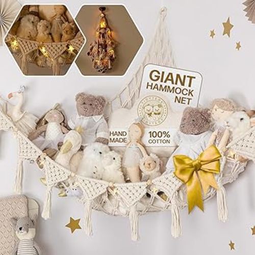 Stuffy Hammock, Stuffed Animal Storage Hammock Macrame, Dreamlights Boho Net Hammock Extra Corner Stuff Large Plush Toy Storage Holder For Small Or Large Plushies Room Cream