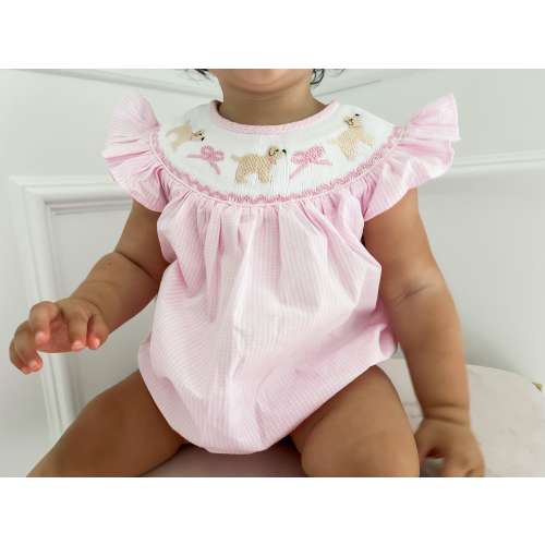 PRE-ORDER Puppy and Bows Pink Gingham Smocked Bubble