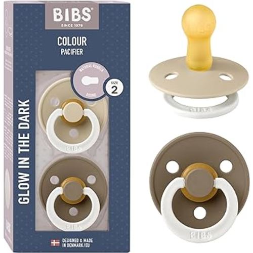 BIBS Pacifiers Colour Collection | Natural Rubber Baby Pacifier | Set of 2 BPA-Free Soothers | Made in Denmark | 6+ Months (Pack of 2) | Vanilla Night/Dark Oak Night