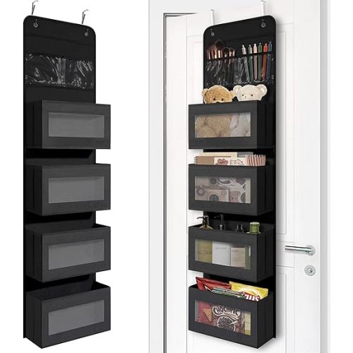Over Door Organizer with 4 Large Capacity Pockets, Hanging Organizer Storage for Closet Bathroom Nursery Bedroom Dorm, Toys Cosmetics Sundries and Baby Essentials, Black