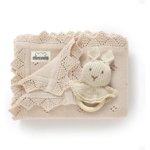 mimixiong Cotton Baby Blanket Knitted Crochet Receiving Crib Nursery Swaddling Blankets for Newborn Baby Boy Girl with The Bunny Rattle (Oatmeal- Rattle)