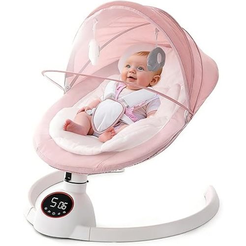 Soobaby Baby Swing for Infants,Electric swingfor Babies,Portable Swing for Baby Boy Girl,Remote Control Indoor Baby Rocker with 5 Sway Speeds,Music and Bluetooth,Hot Pink