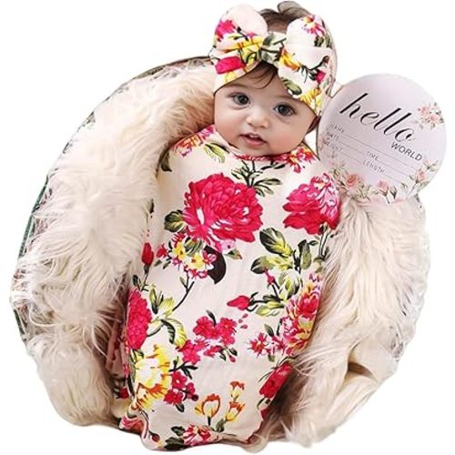 Galabloomer Newborn Receiving Blanket Headband Set Flower Print Baby Swaddle Blankets (ivory flower)
