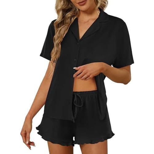 Ekouaer Pajamas Set for Women Short Sleeve Sleepwear Button Down Pjs Lounge Sets Soft Nightwear