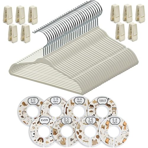 Babyrish Unisex Nursery Closet Organizer Set - 30X Velvet Hangers for Baby Clothes with 8X Closet Size Dividers (Newborn Infant to Toddler) and 10X Hanger Clips - All in Cute Box (Beige)
