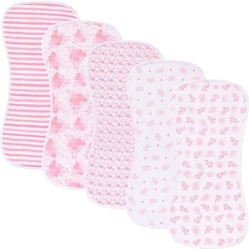 5 Pack Baby Burp Cloths, Unisex Newborn Burping Cloths, Soft and Absorbent Muslin Cotton, Large Size for Newborn, (Pink-fy)