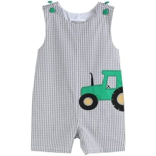 Gray Gingham Green Tractor Applique Shortalls