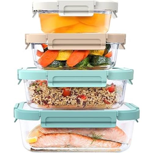Bentgo®️ Glass Leak-Proof Food Storage Set - 8 Piece Stackable 1-Compartment Meal Prep Containers & Airtight Locking Lids, Reusable, BPA-Free, Microwave, Freezer, Oven, Dishwasher Safe (Coastal Beach)