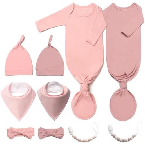 2PK Ultra Soft Knotted Newborn Sleep Gown for Baby Girls Boy- Coming Home Hospital Outfit with Hat, Bow, Clip & Drool Bib Set