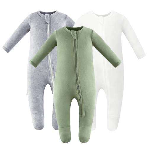 100% Cotton Footed Zip Pajamas - 3 pack - Olive&grey&ivory White – Owlivia