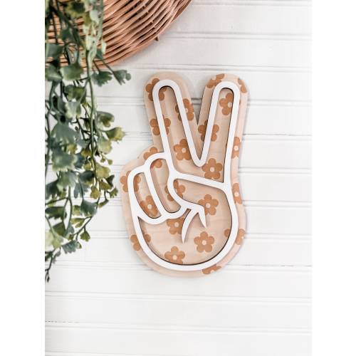 Daisy Hand Peace Sign | Engraved Wood Sign | Nursery Decor | Handmade | Retro Wood Cut Out | Laser Engraved