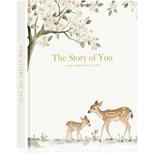 Lanpn Baby Memory Book for Boy Girl - The Story of You, Newborn Babys Keepsake Book Photo Album for New Parents, Leather Cover Baby First 5 Year Milestone Journal Scrapbook (154 Pages)