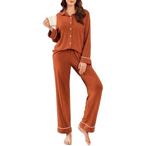 Ekouaer Womens Pajama Sets Long Sleeve Ribbed Knit Lounge Set Button Down Soft 2 Piece Pjs With Pockets