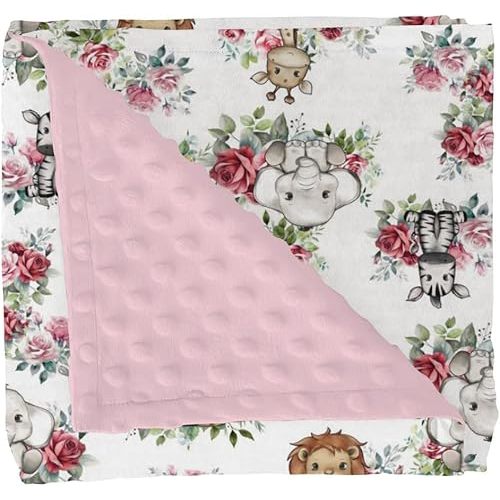 Cute Jungle Safari Animals Roses Leaves Baby Blankets for Girl Boy Lion Giraffe Elephant Zebra Soft Mink Dotted Backing Double Layer Swaddle Blanket Bed Throw for Newborn Infant Toddler Nursery 30x40