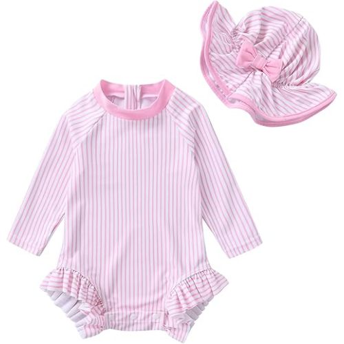 Infant Baby Girl Swimsuit One-Piece Long Sleeve Rash Guard with Hat Set Floral Zipper Bathing Suit Leopard Beach Wear