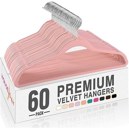 HOUSE DAY Lt Pink Velvet Hangers 60 Pack, Non Slip Clothes Felt Hanger Heavy Duty for Coat, Premium Slim Space Saving Suit Hangers for Closet Organizer, 360° Rotating Silver Hook