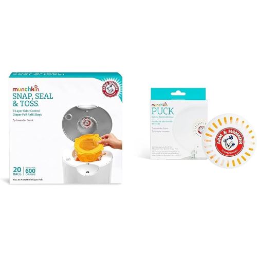 Munchkin® Arm and Hammer Diaper Pail Snap, Seal and Toss Refill Bags, Holds 600 Diapers, White 20 Count & Arm & Hammer Puck Baking Soda Cartridge, Lavender Scent