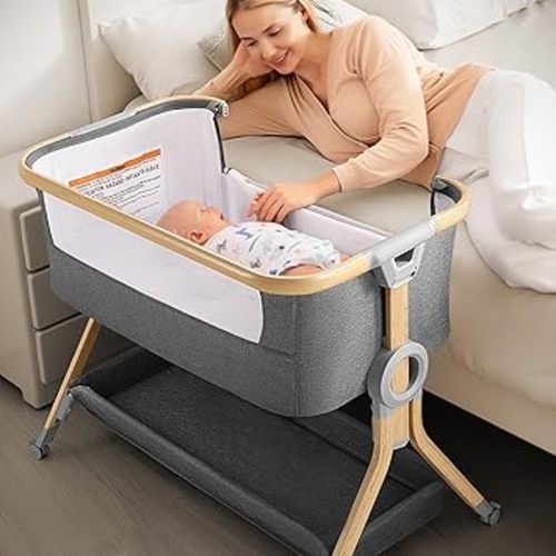 Larex 3 in 1 Baby Bassinet Bedside Sleeper, Breathable Mesh Safe Bedside Bassinet for Baby, Easy Assemble & Folding Portable Bassinet, 5 Height Adjustable Bedside Crib with Storage Basket, Mattress
