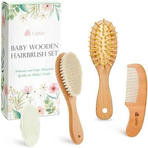 Lictin Baby Hair Brush and Comb Set, 4 Pcs Newborn Hair Brush with Soft Bristle, Natural Goat Hair and Wood Baby Cradle Cap Comb for Newborns & Toddlers, Newborn Baby Essentials, Perfect Registry Gift