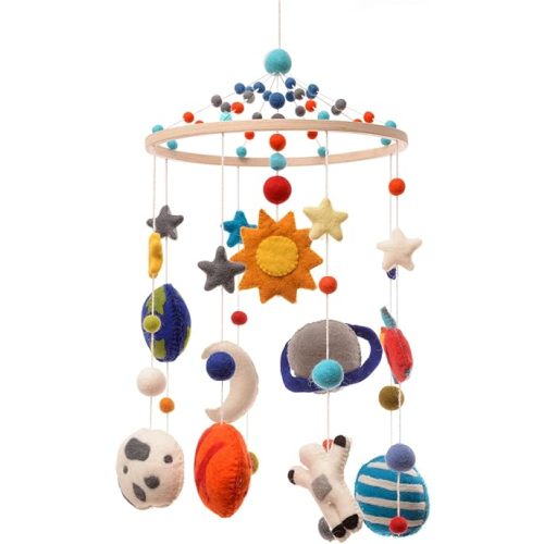 Glaciart One Space Nursery Mobile - Colorful Decor for Crib, Baby Rooms - Handmade, Child-Safe Wood, Felt Wool & Cotton - Solar System Decoration for Girls & Boys - 10x24Inch, 50Inch Hanging String