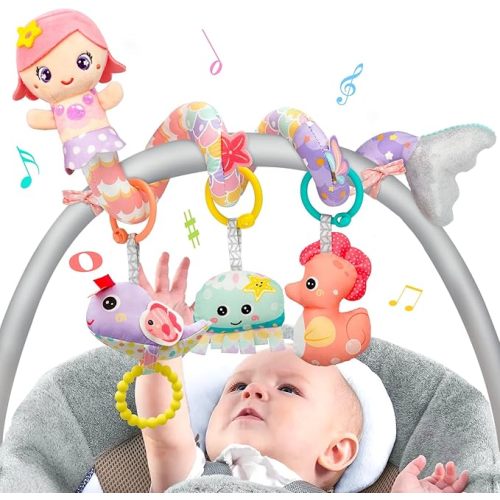 Car Seat Toys for Babies 0-6 Months Boy Girl Carseat Toys Hanging, Infant Toys 0-6 Months Baby Toys Newborn Toys 0 3 Months Brain Development, Spiral Hanging Stroller Toys with Music Teether Rattle
