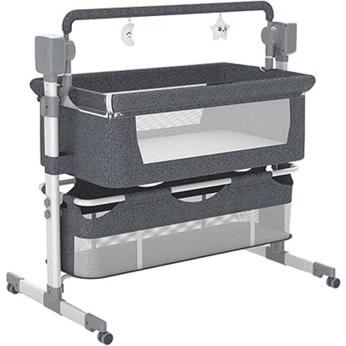 Electric Baby Bedside Crib Multifunctional Bassinet for Co-Sleeping Convertible Bedside Cot Foldable Infant Bedside Sleeper Toddler Cradle with Bluetooth Music 5 Swaying Gears Remote Control (601Gray)