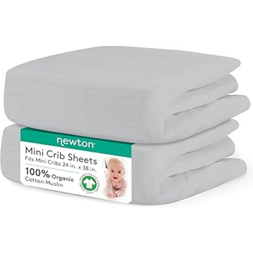 Newton Baby Fitted Mini Crib Sheets (2-Pack) | Organic Muslin Cotton, Ultra Breathable & Soft Baby Sheets, Machine Washable Baby Mattress Sheets, Fits Any Mini Sized Crib 24" x 38", Twilight Grey