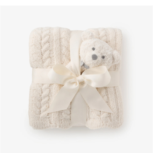 Cream Cable Feather Knit Baby Blanket + Rattle Gift Set – Elegant Baby