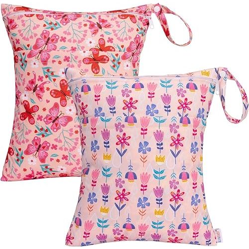 ALVABABY 2pcs Cloth Diaper Wet Dry Bags Waterproof Reusable with Two Zippered Pockets Travel Beach Pool Daycare Soiled Baby Items Yoga Gym Bag for Swimsuits or Wet Clothes LX-YX113115