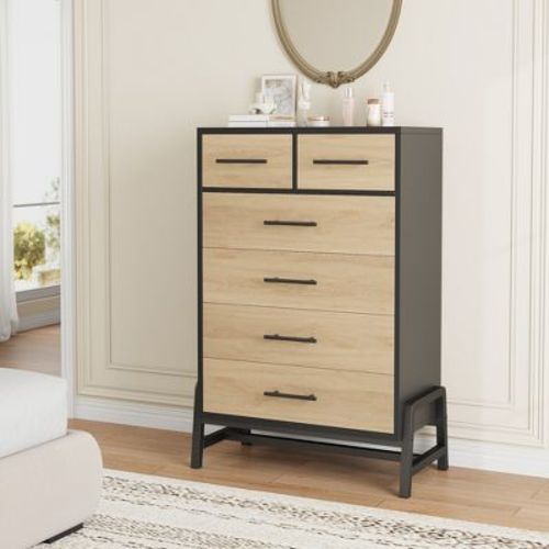 4+2 Dresser For Bedroom, 46.6" Tall Dresser, Tall Drawer Dresser With Storage Freestanding, Wooden Closet Dresser For Bedroom, Natural Oak + Black