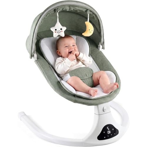 Electric Baby Swing with Remote Control - 5 Natural Motion Speeds, Detachable Seat Pad | Portable Infant Swing for Indoor/Outdoor Use (0-12M, 20lbs)(Green)