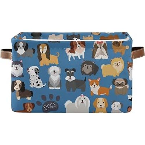 Emelivor Cute Dogs Puppy Storage Bin Collapsible with Handle Rectangle Waterproof Cute Dog Puppy Basket for Storage Cube Closet Organizer for Toy Nursery Book Office Shelf Bathroom