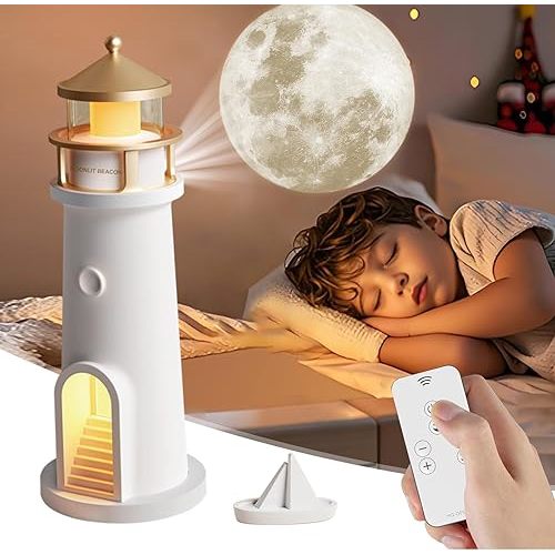 Moon Projection Night Light for Kids, Unique Lighthouse Design Moonlight Projector w/Remote, 4 Brightness Levels & Timer Function, Cordless Moon Lamp for Bedroom Living Room Christmas Birthday Decor