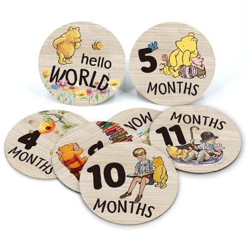 The Winnie Baby Bear Month Milestone Circles, Wooden Discs Stuff for Baby Photo Takens with Hello World Name Signs - 7Pcs Double Sided Signs for Documenting Growth