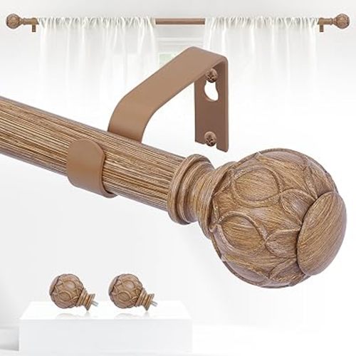 Wood Curtain Rods for windows 18 to 60 Inch(1.5-5Ft),1 Inch Adjustable Curtain Rod,Heavy Duty Curtain Rods,Wooden Netted Texture Finial Drapery Rods,Single Window Curtain Rod 18-60",Brown Wood
