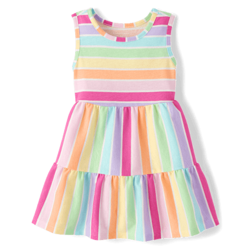Baby And Toddler Girls Rainbow Striped Tiered Dress - Pink