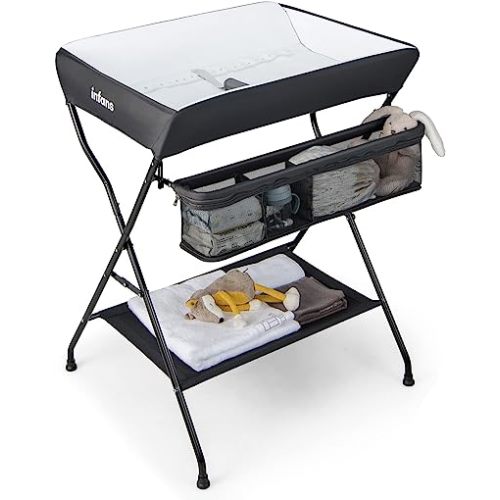 INFANS Baby Changing Table, Folding Diaper Station Portable Nursery Organizer with Safety Belt and Large Storage Racks for Newborn Baby and Infant (Black)