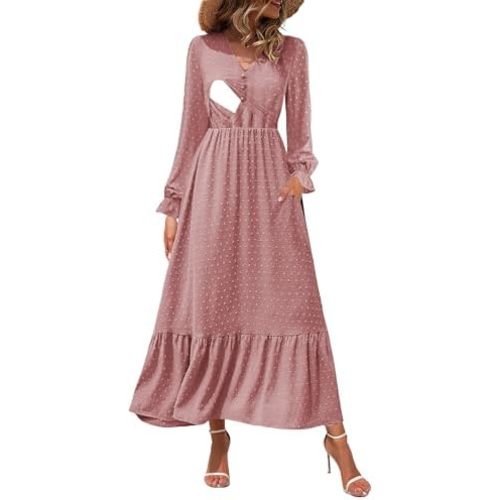 Women Nursing Boho Maxi Dress 2024 V Neck Swiss Dot Smocked High Waisted A-Line Ruffle Tiered Long Dress with Pockets