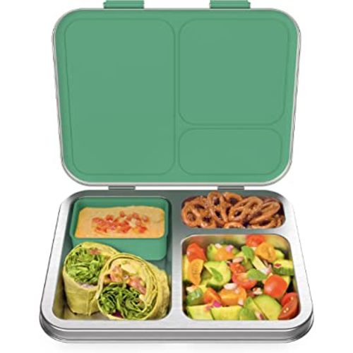 Bentgo® Kids Stainless Steel Leak-Resistant Lunch Box - Bento-Style Redesigned in 2022 w/Upgraded Latches, 3 Compartments, & Extra Container - Eco-Friendly, Dishwasher Safe, Patented Design (Green)