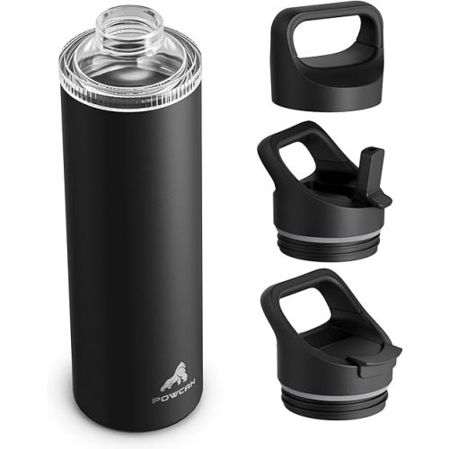 24 oz Insulated Water Bottle for Sports: 3 Lids, Leakproof, Keep Cold 24H, Car Cupholder Friendly, Stainless Steel Water Flask with Straw and Spout Caps for Gym, School, Work, Cycling (Midnight Black)