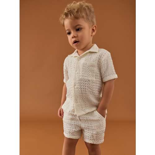 Ecru Texture Plain Short Sleeves Revere Collar Texture 100% Cotton Shirt & Shorts Set (3mths-7yrs) - Ecru Texture Plain - Size 6-9 Months