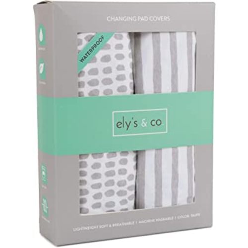 Ely's & Co. Patent Pending Waterproof Changing Pad Cover Set | Cradle Sheet Set, no Need for Changing Pad Liner Taupe Splash & Stripe 2 Pack