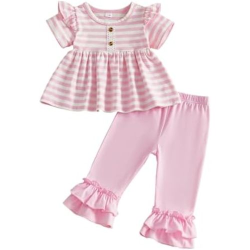 BeQeuewll Toddler Baby Girl Spring Summer Clothes Striped Outfit Short Sleeve Shirt Skirt Top Pants Little Girl 2Pcs Outfits