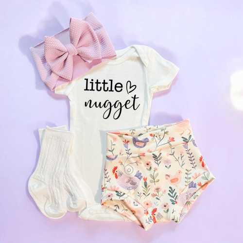 Chicken Baby Outfit, Little Nugget Bummies, Bodysuit, Socks, and Bow Outfit, Newborn Baby girl Coming Home Outfit