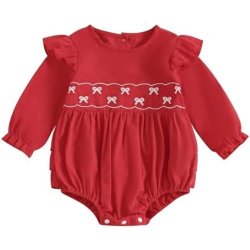 Infant Baby Girl Spring Outfit Bow Embroidery Romper Ruffle Long Sleeve Playsuit Spring Fall Clothes Infant 0-24M